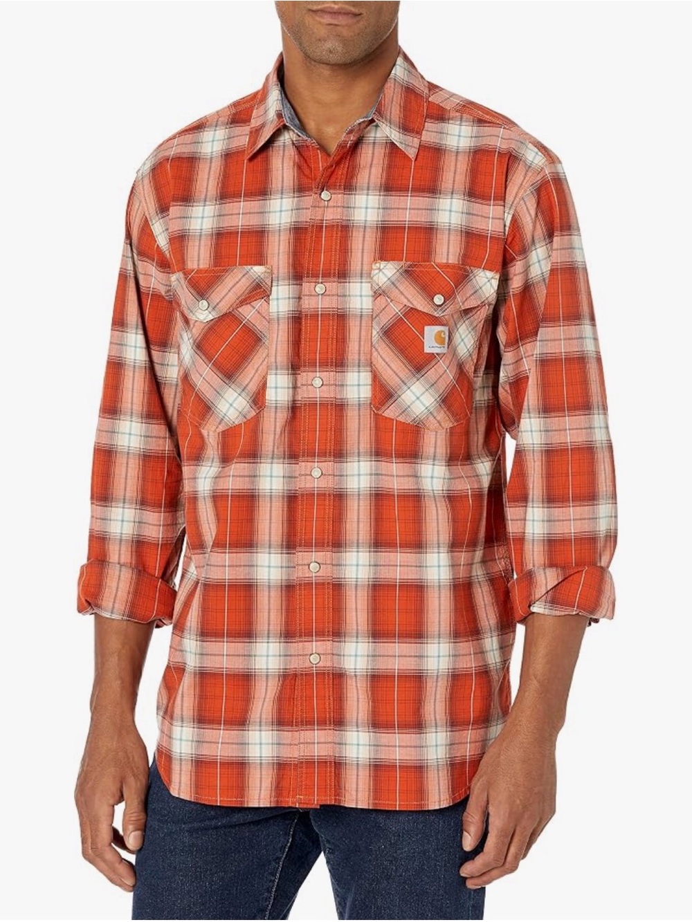 Carhartt Men’s Orange and White Plaid Rugged Flex Button-Down Shirt.